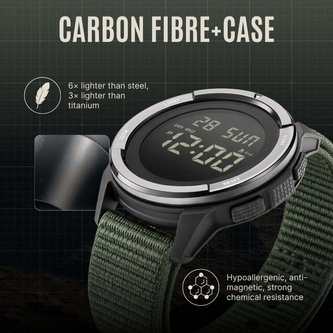 TrailMaster 45 — Digital Carbon Fiber Field Watch for Extreme Adventure