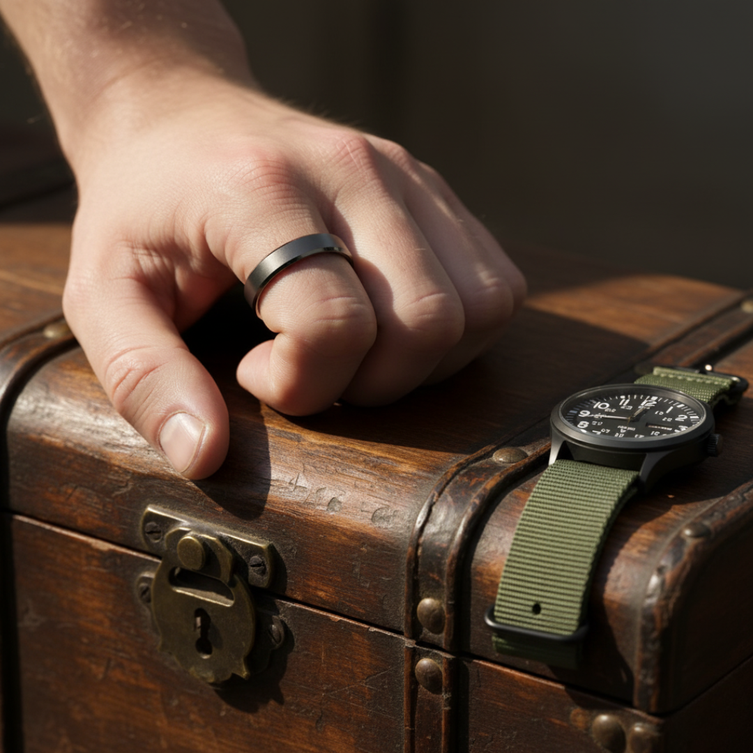 Anello Valor — Anello in acciaio titanio spazzolato per forza quotidiana